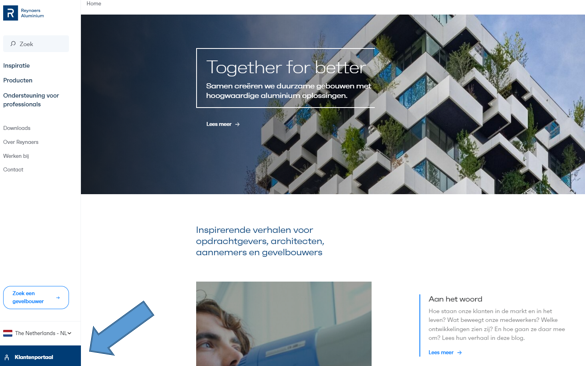 Reynaers Aluminium website homepage met verwijzing klantenportaal