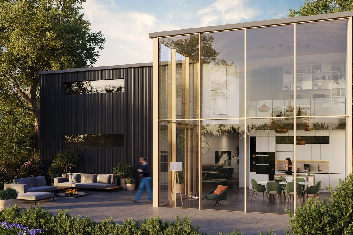 Architectonische render van modern privéhuis met glazen gevels van vloer tot plafond.