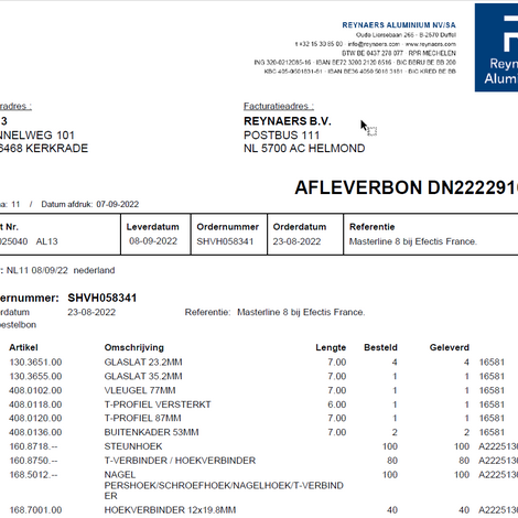 Reynaers Aluminium voorbeeld afleverbon