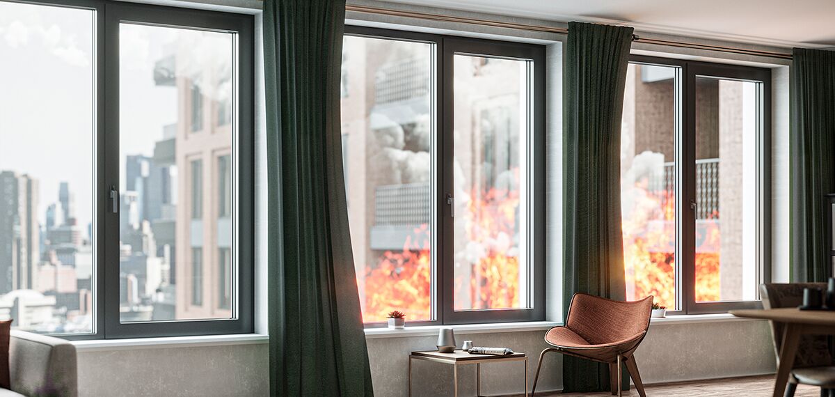 Windows with a fire outside